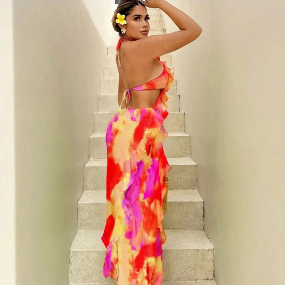 Boho Women's Colorful Printed Backless Spaghetti Strap Ruffle Hem Dress - Picture 2 of 7